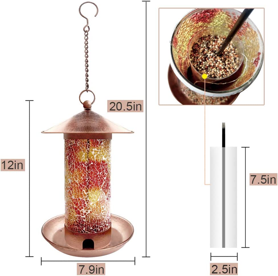 Solar Bird Feeders for Outdoor Hanging， Premium Metal Hummingbird feeders， Waterproof Wild Bird Feeder with Light for Feeding， Unique Retro Bird Feeders for Bird Lovers (Mosaic Copper)