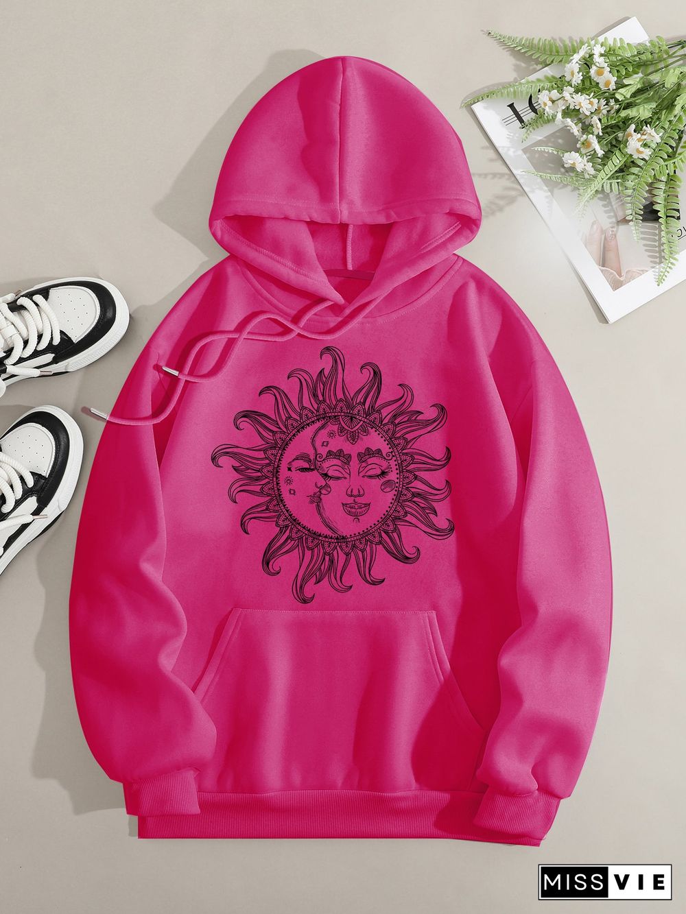 Printed on front Kangaroo Pocket Hoodie Long Sleeve for Women Pattern Moon and Sun