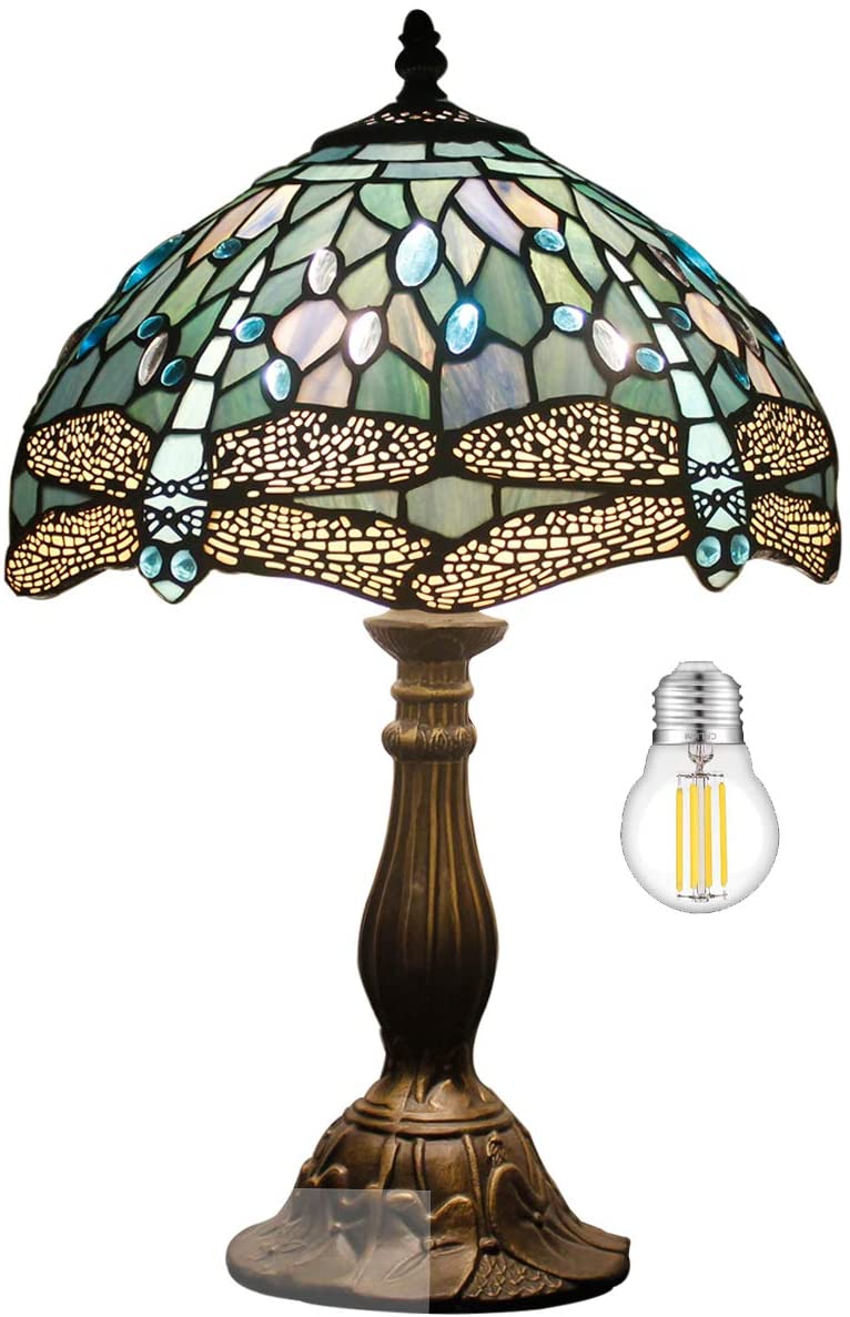 SHADY Tiffany Lamp Sea Blue Stained Glass Table Lamp 12X12X18 Inches Dragonfly Style Desk Reading Light Decor Beside Bedroom Living Room Home Office S147 Series