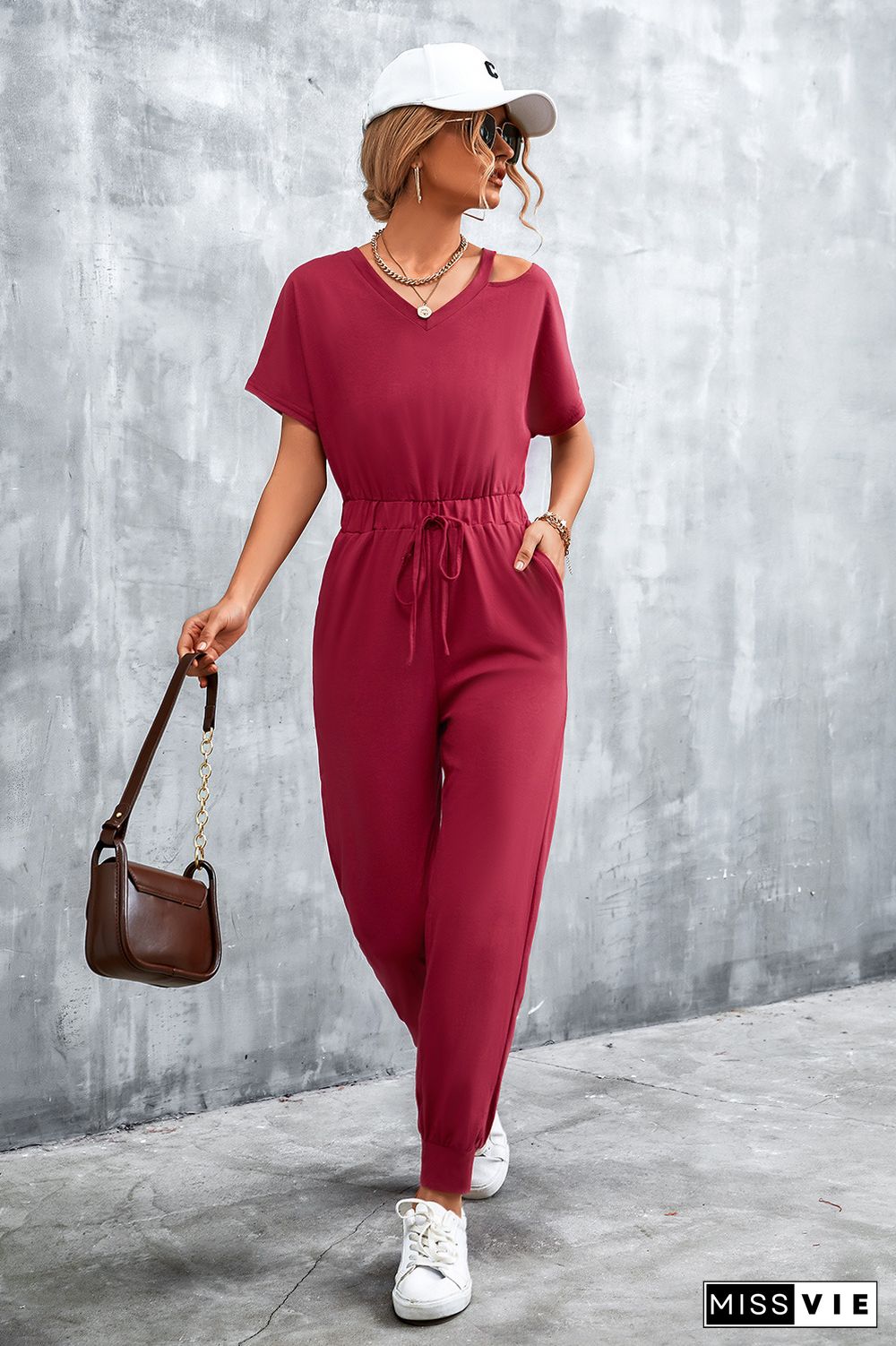 Cut Shoulder Drawstring Waist Sleeveless Jumpsuit