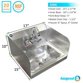 AMGOOD 17 in. x 15 in. Commercial Stainless Steel Wall Mounted Hand Sink with Side Splash and Gooseneck Faucet. NSF Certified HAND-SINK HS-17SS