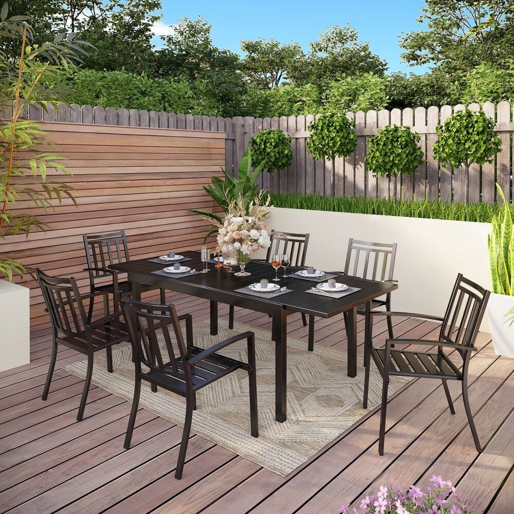 7/9 Pieces Patio Dining Set with E coating 8 Metal Stackable Chairs and 1 Expandable Rectangle Table