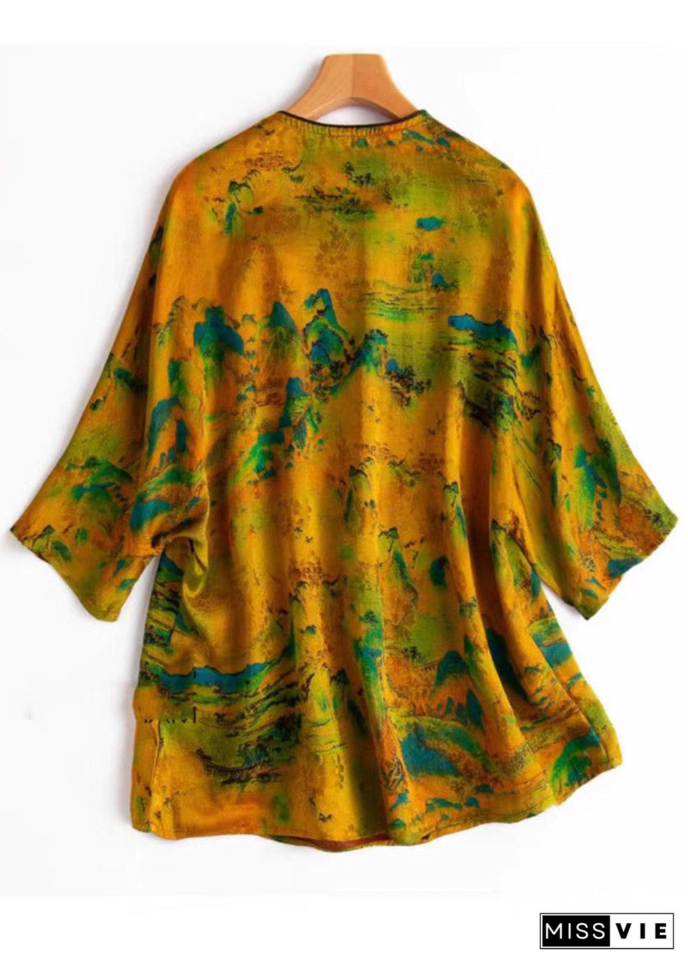 Vogue Yellow O-Neck Button Print Silk T Shirt Half Sleeve