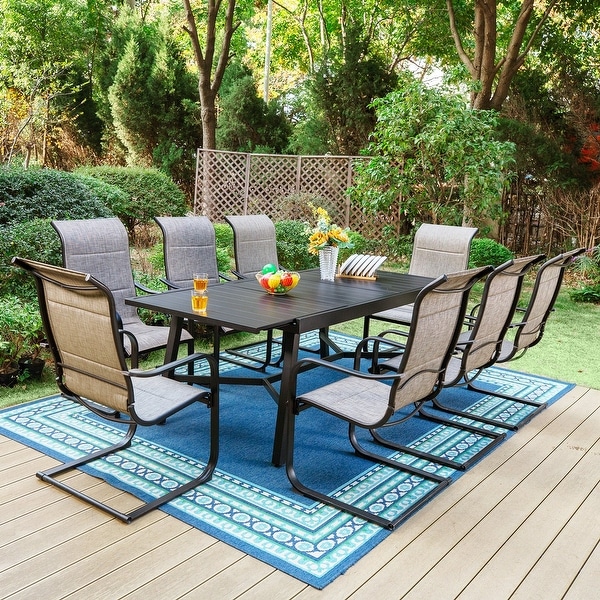 7/9piece Patio Dining Set，Expendable Rectangular Outdoor Dining Table with C Spring Rocking Chairs