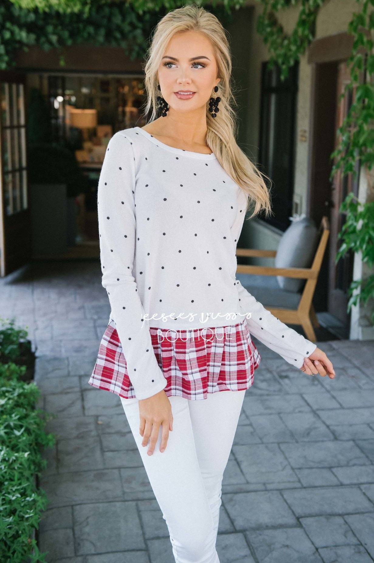 Plaid Ruffle Hem Polka Dot Sweater