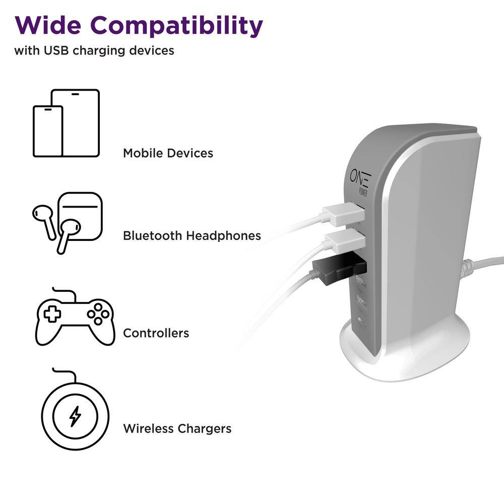 ProMounts 5 USB-A 1 USB-C Power HubCharging Station Flat Plug With 5 Ft. Cord Modern Slim Charging USB Tower OPT061