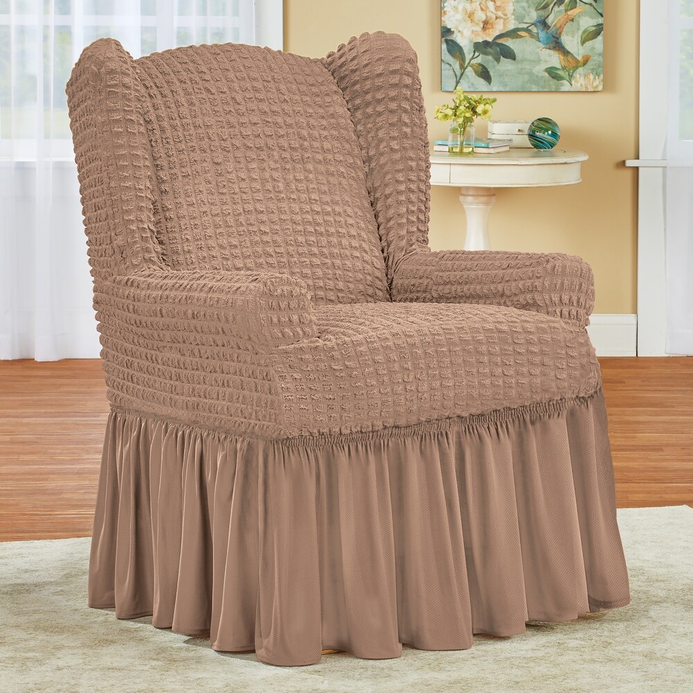 Textured Squares Ruffled Slipcover   Wing Chair