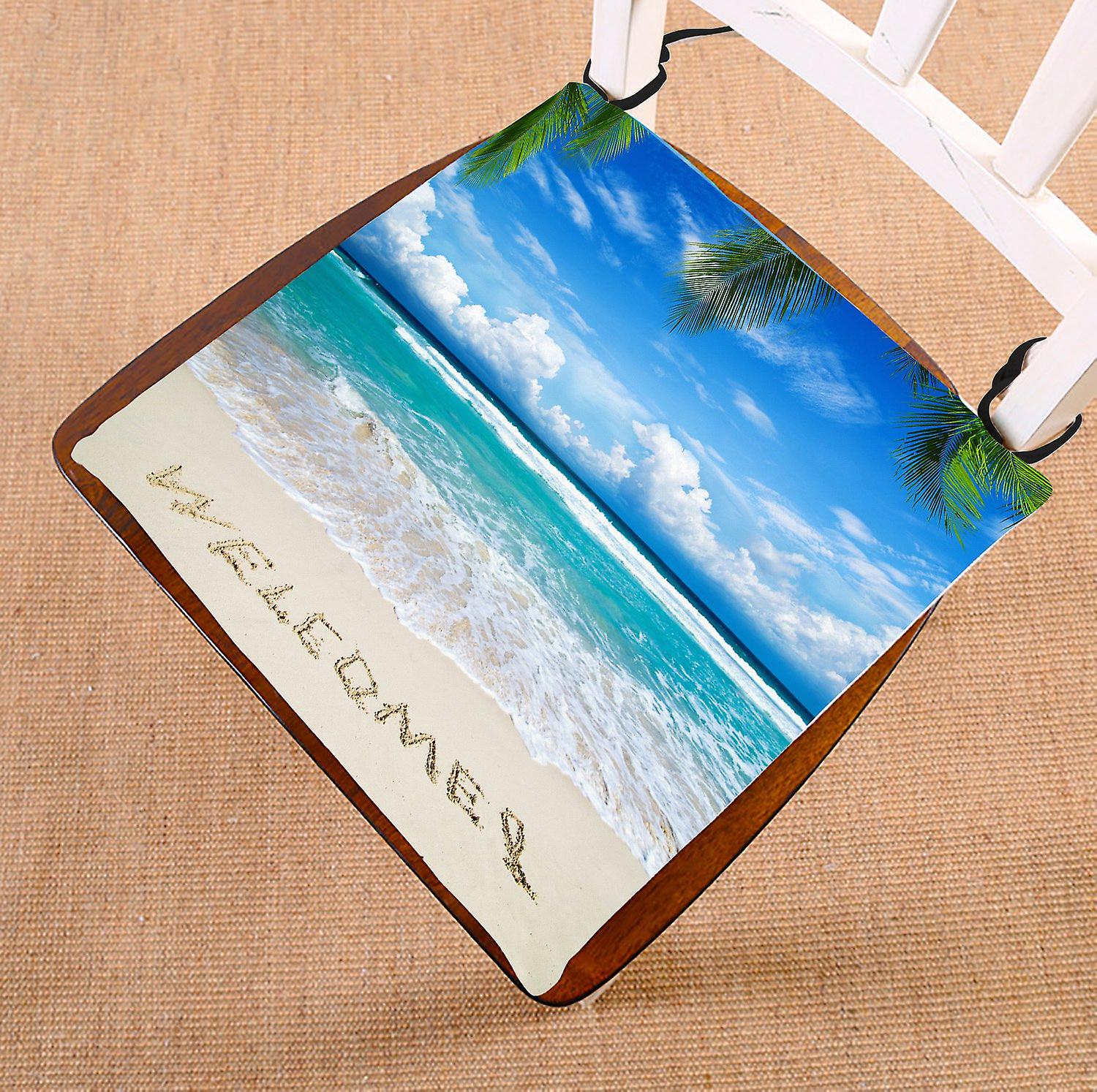 Tropical Island Palm Trees Chair Pad， Welcome Written In A Sandy Beach Seat Cushion Chair Cushion Floor Cushion 50x50 Cm