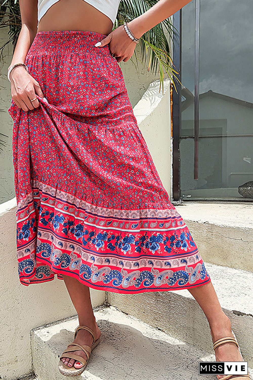 High Waist Boho Print Flower Skirt Dress