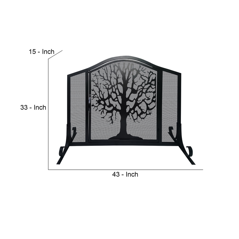 43 Inches 3 Panel Iron Fireplace Screen  Mesh Design  Arched Top  Tree of Life Art  Black