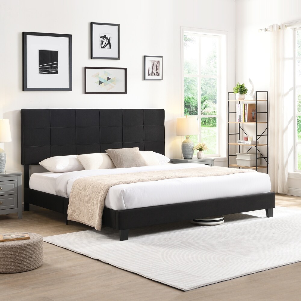 King Size Upholstered Platform Bed Frame with Linen Fabric Headboard