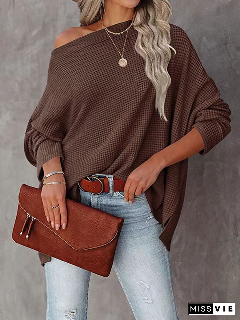 Long Sleeves Loose Solid Color Split-Side Boat Neck T-Shirts