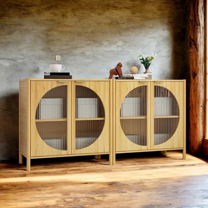 Bamboo 2 door cabinet  Set of 2  Buffet Sideboard Storage Cabinet for Living Room  Kitchen