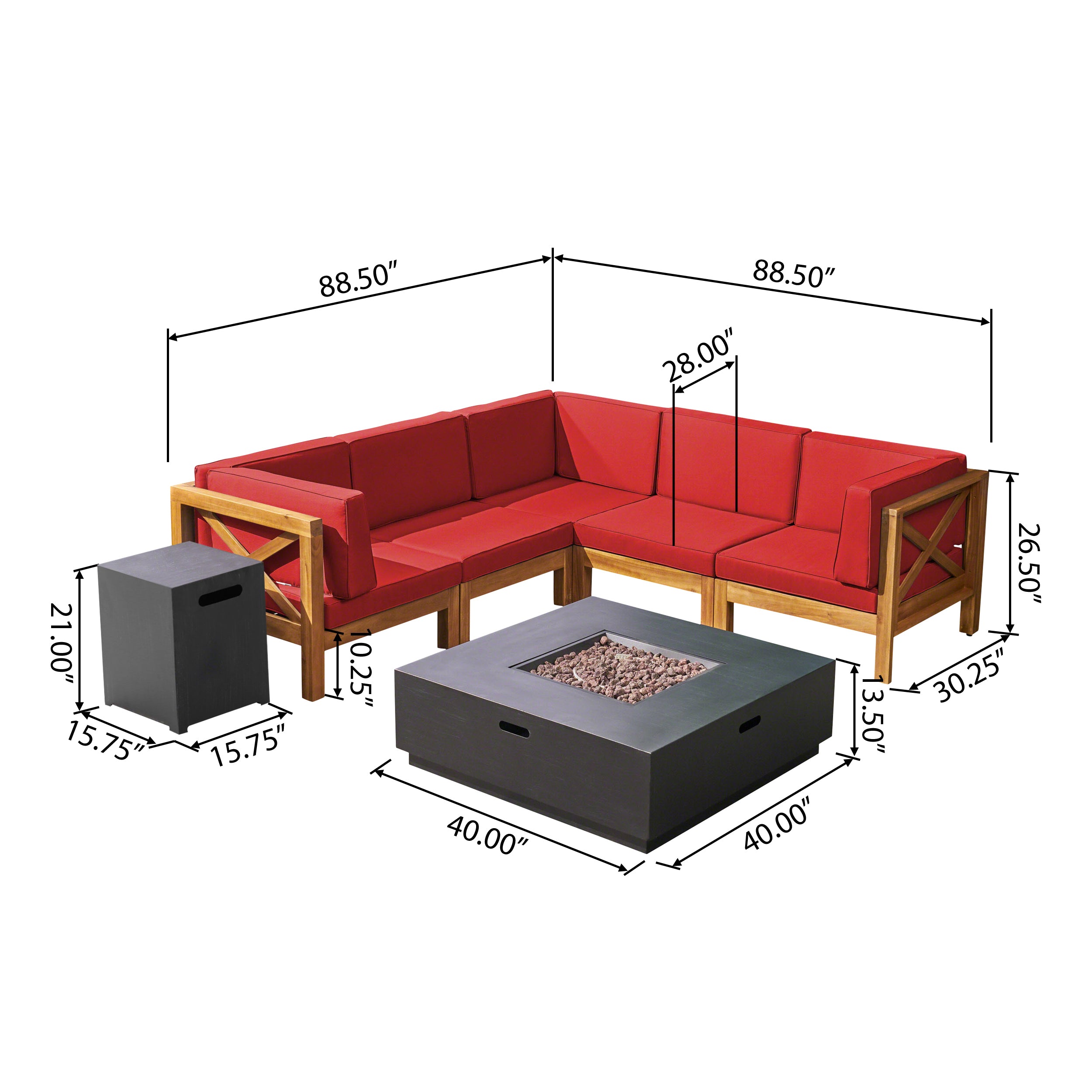 Gina Outdoor Acacia Wood 5 Seater Sectional Sofa Set with Fire Pit