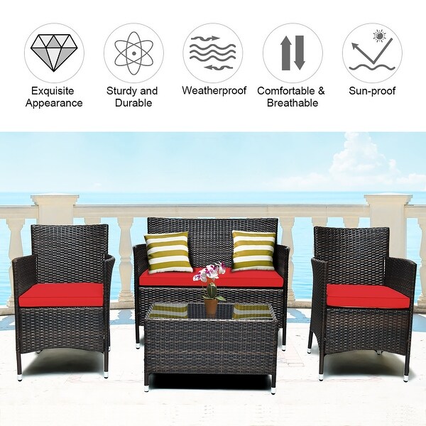 Costway 4PCS Rattan Patio Furniture Set Cushioned Sofa Chair Coffee