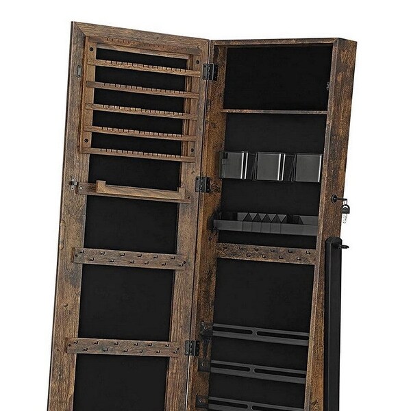 Max 60 Inch Wood Jewelry Cabinet， Floor Mirror， Mesh Shelf， Rustic Brown - 60.2 L x 16.1 W x 14.2 H - - 37107362