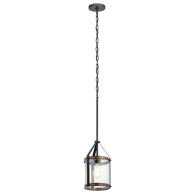 Kichler 82281 Barrington Distressed Black and Wood Tone Rustic Seeded Glass Cylinder Mini Pendant Light