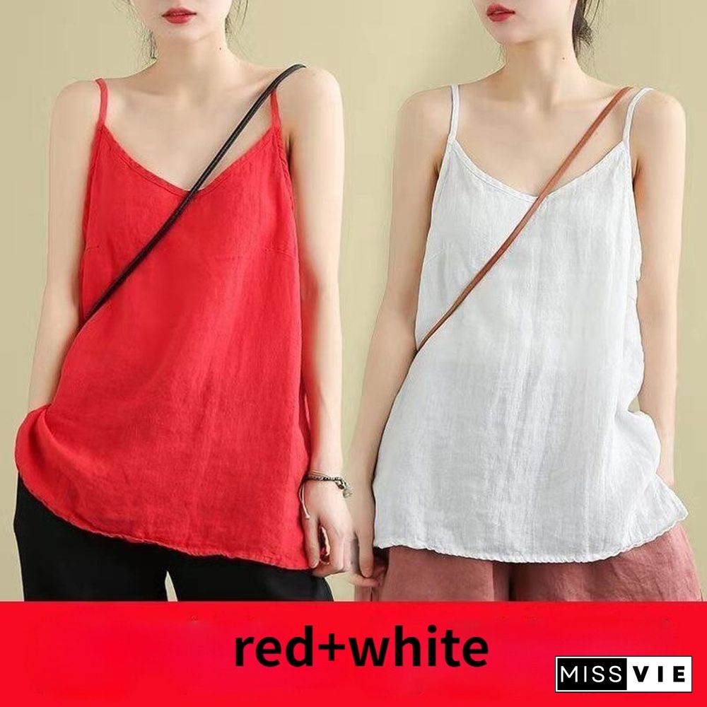 Women'S Summer Top Cotton Linen Spaghetti Strap Top Women Halter V Neck Basic Yellow Sleeveless Tank Tops Loose Casual Camis