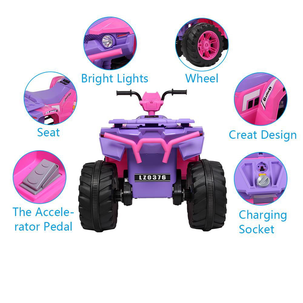 Winado Perfect for Kids Ride On ATV 12V 7Ah Battery Powered Car 4-Wheeler with a Realistic Foot Pedal Accelerator, LED Headlights, Music, Horn - Pink and Purple