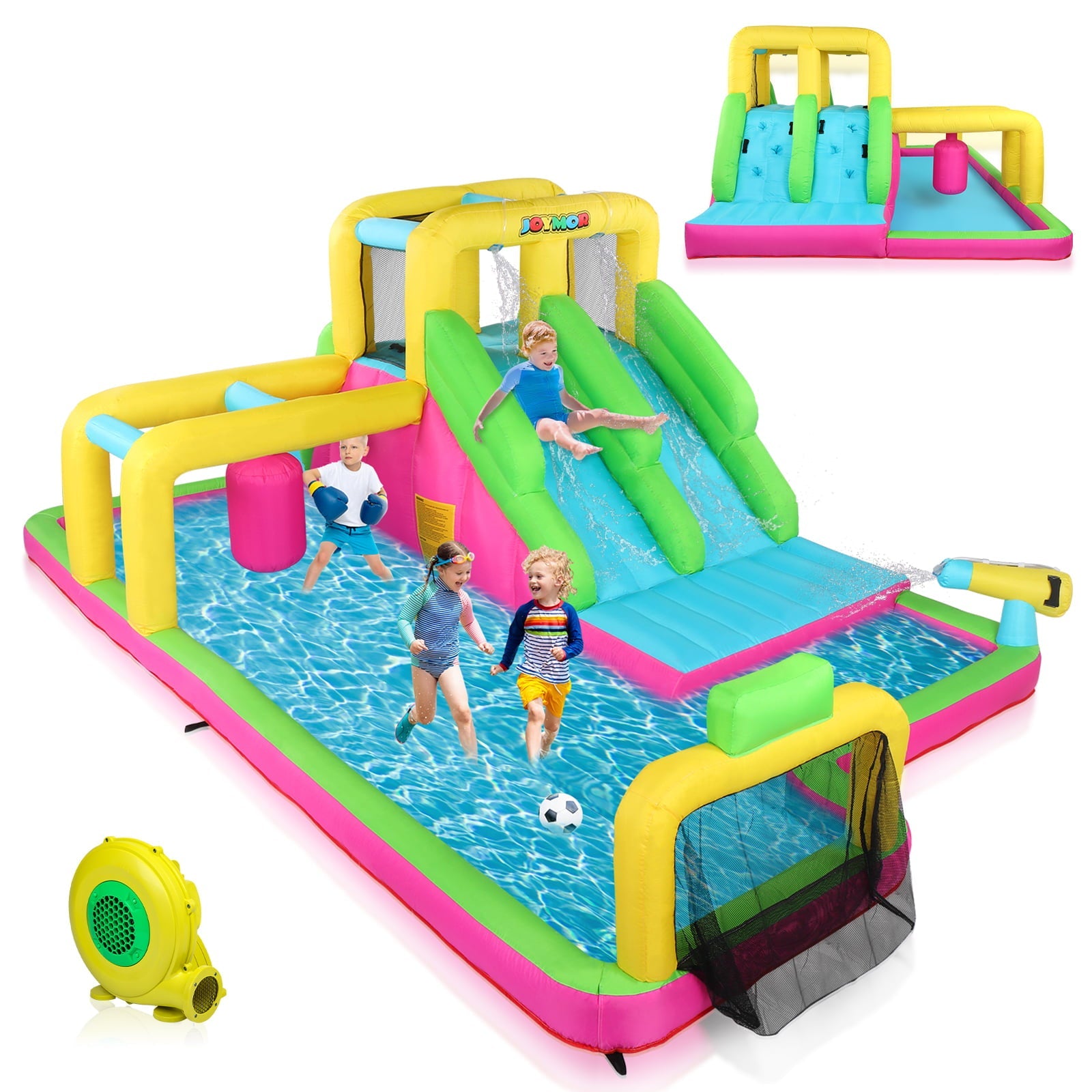 JOYMOR 6-in-1 Inflatable Double Water Slide Park for Kids Backyard, Bounce House w/ Obstacle Crossing, Ball Net, Climbing Wall, Water Gun, Bouncer Castle Outdoor Playhouse (Included Blower)