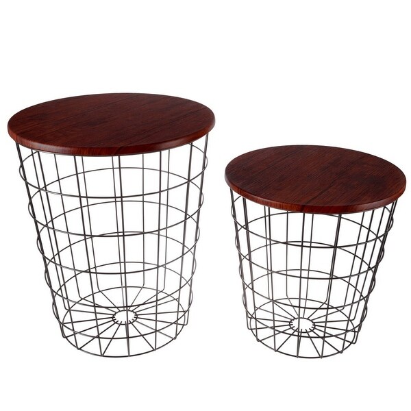 Nesting End Tables with Storage - Set of 2 Convertible Round Metal Storage Basket Base with Veneer Top (Cherry)