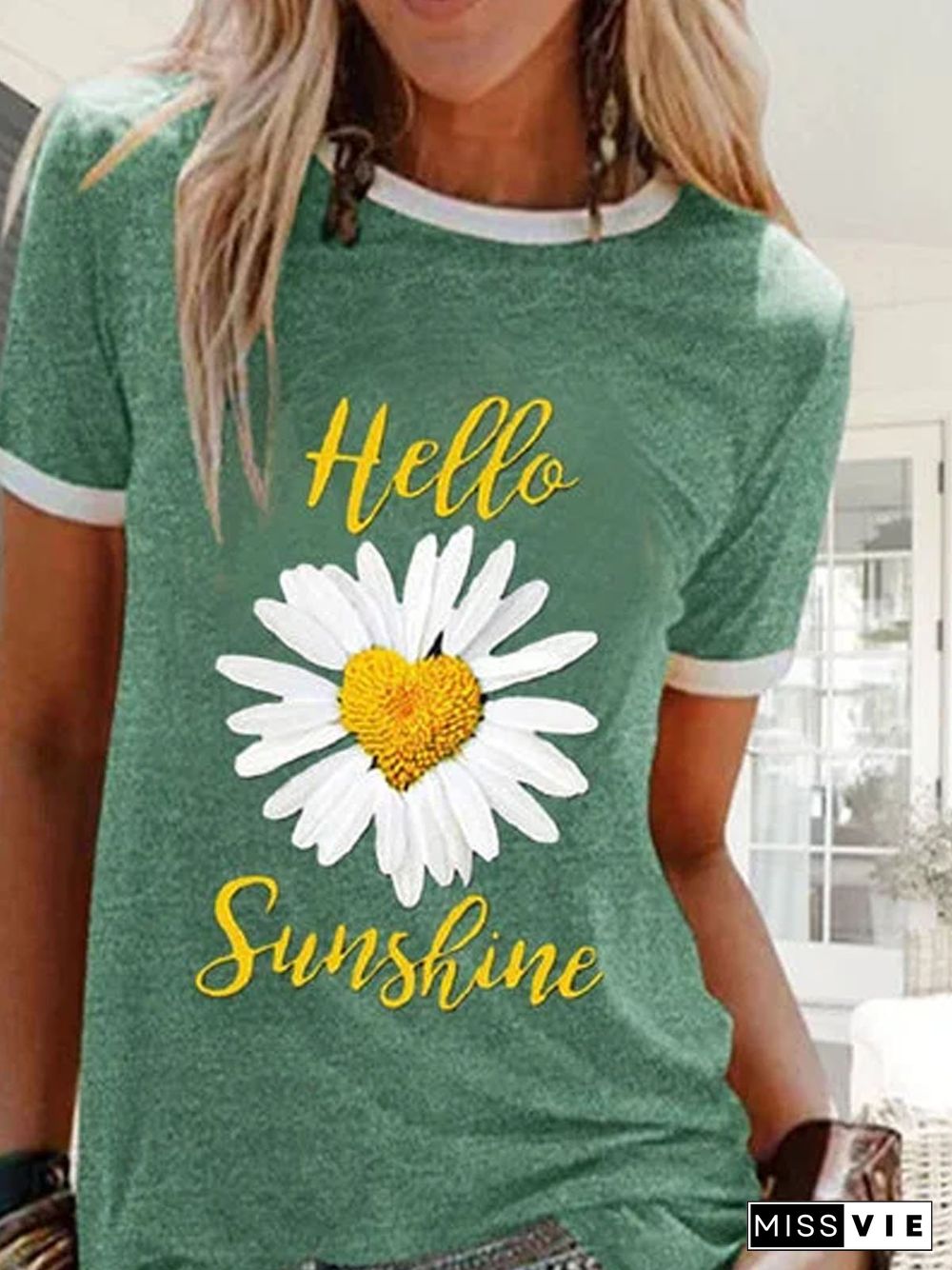 Green Cotton Round Neck Printed Casual T-shirt