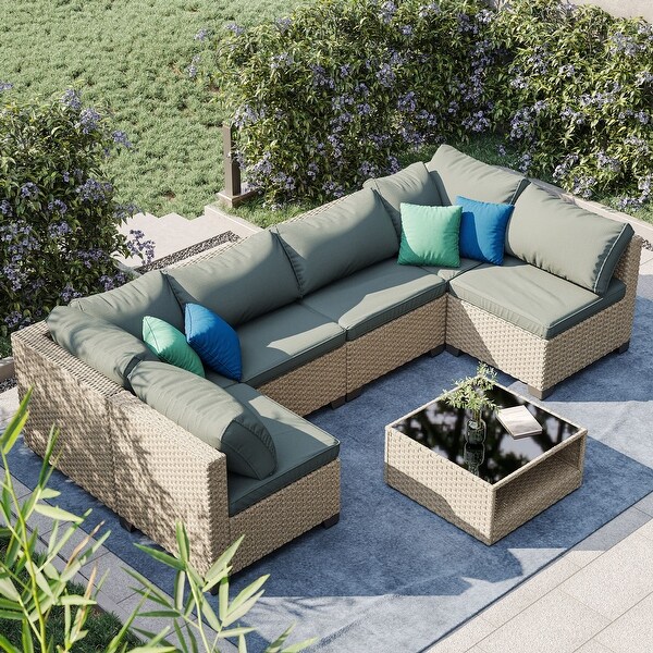 7Piece Patio Outdoor AllWeather Furniture Set Sectional Sofa Set with Water Resistant And Thick Cushions And Table