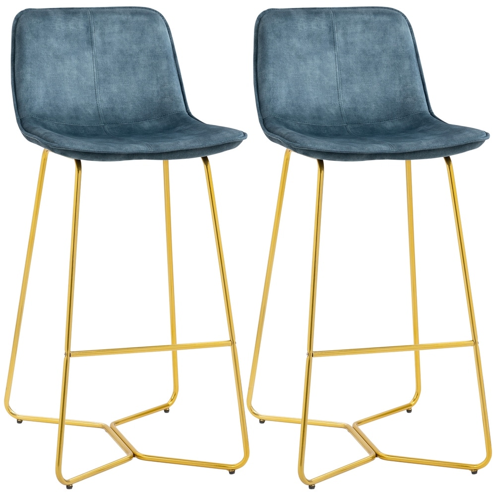 HOMCOM Tall Bar Stools  Set of 2  Velvet Touch Fabric Bar Chairs  Bar Stools with Gold Tone Metal Legs for Dining Area