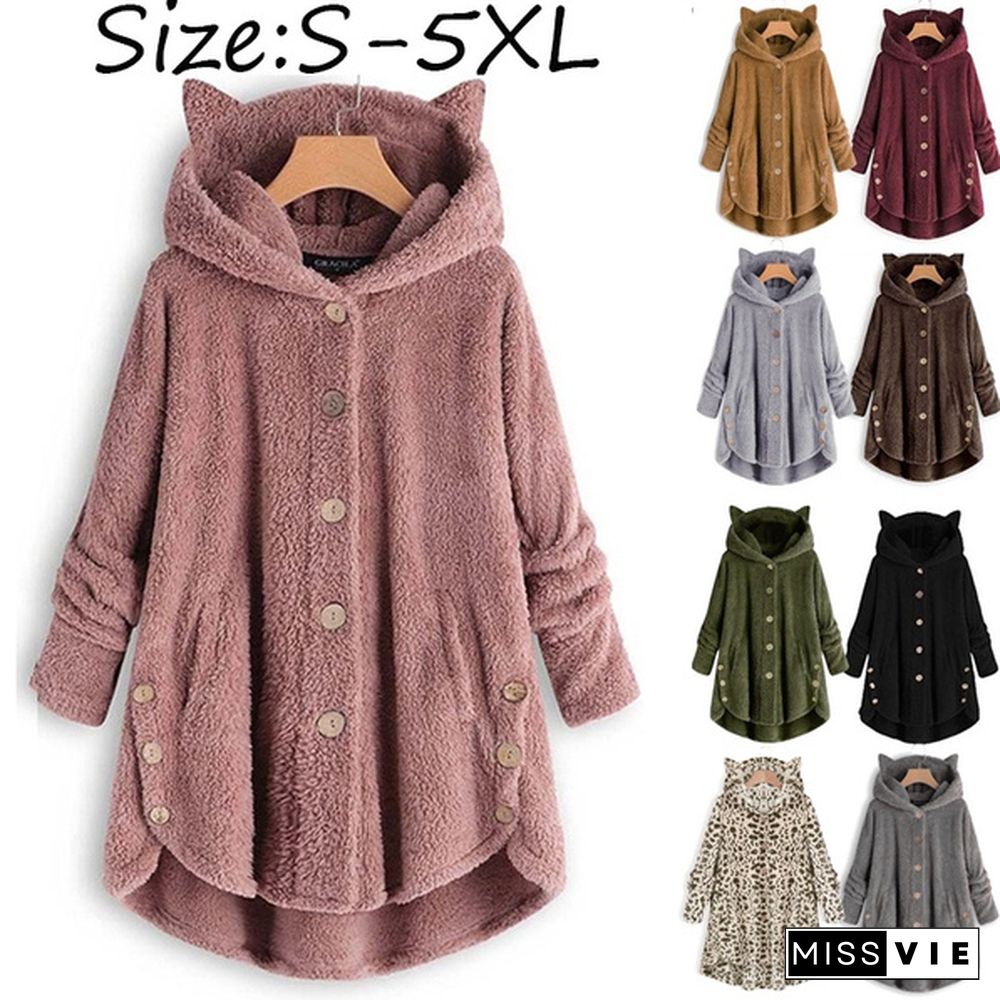 Autumn and Winter Fashion Women's Button Hooded Coat Cute Cat Ears Plush Hoodies Irregular Solid Color Cardigan Coat