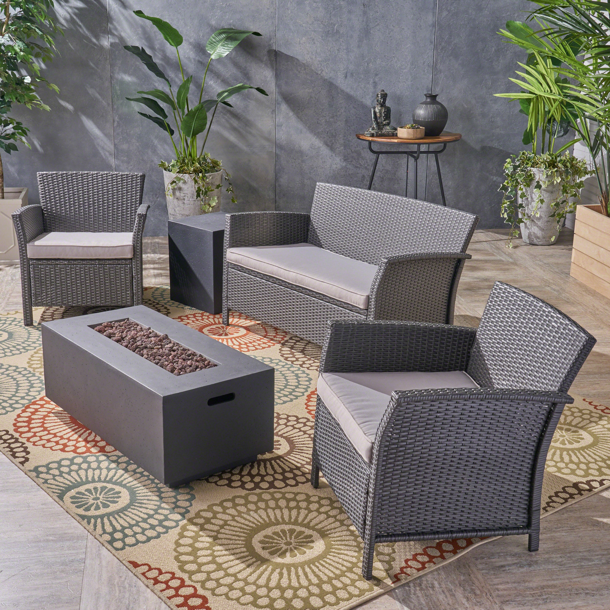 Laiah Outdoor 4 Seater Wicker Chat Set with Fire Pit