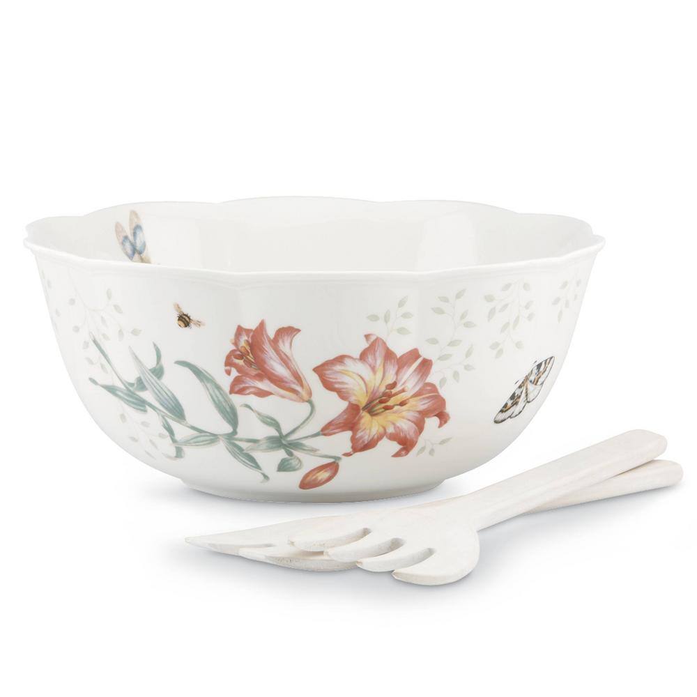 Lenox Butterfly Meadow 11 in. Dia 72 oz. Multi Color 3-Piece Porcelain Salad Bowl Set with Wood Servers 820581