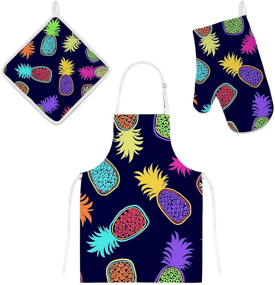 Insulation Kitchen Oven Mitts Potholder Apron 3pcs Set Colorful Pineapples Non Slip Heat Resistant Gloves Baking Cooking Bbq