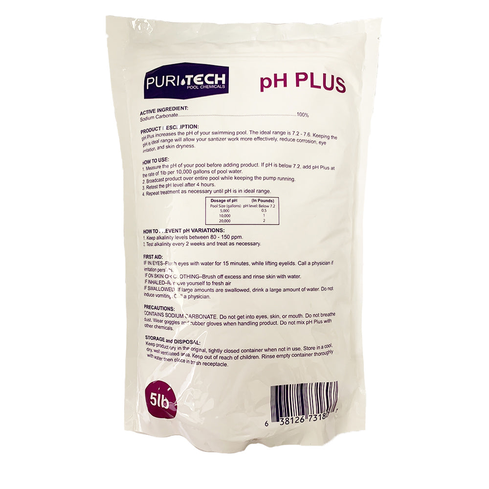 Puri Tech Chemicals pH Plus 5lb Resealable Bag for Swimming Pools & Spas pH Increaser Up Balancer 100% Sodium Carbonate Increases pH & Chlorine Effectiveness