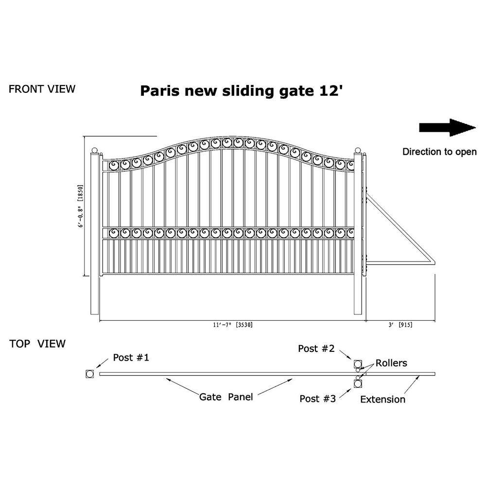 ALEKO Paris Style 12 ft. x 6 ft. Black Steel Single Slide Driveway Fence Gate DG12PARSSL-HD