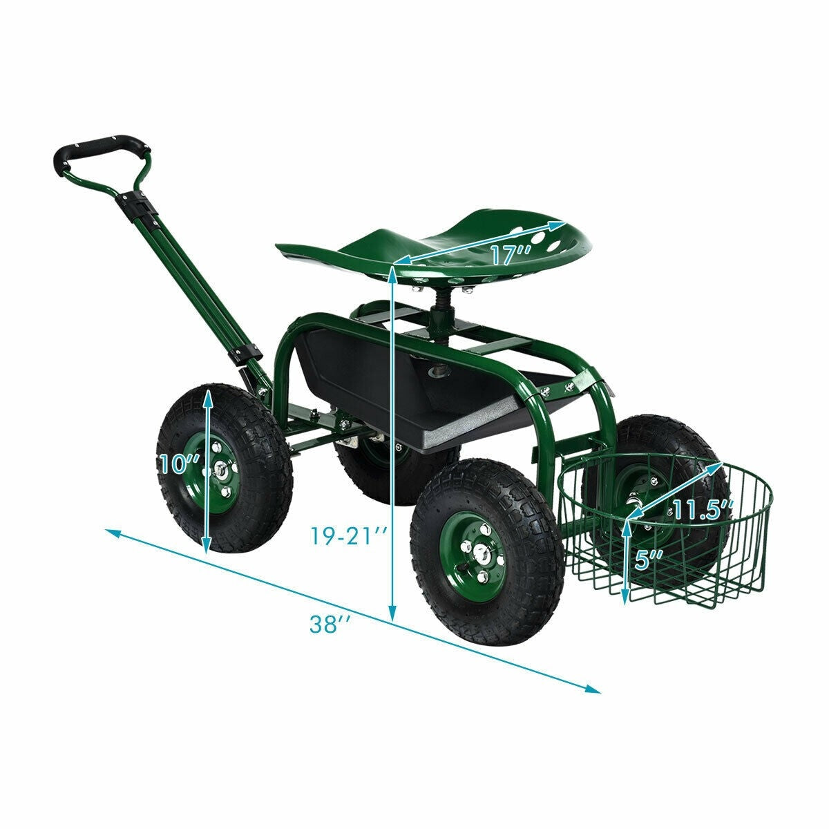 Heavy Duty Rolling Garden Cart with 360 Swivel Seat & Extendable Steer Handle