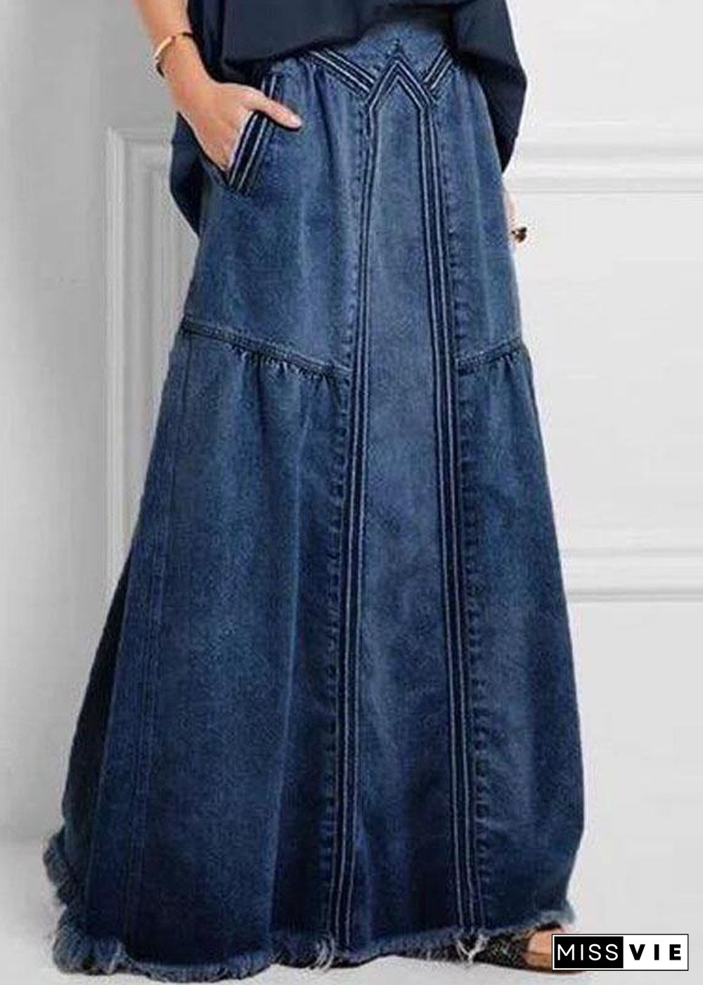 Women Distressed Solid Color Elastic Waist Loose Denim Skirt With Pocket