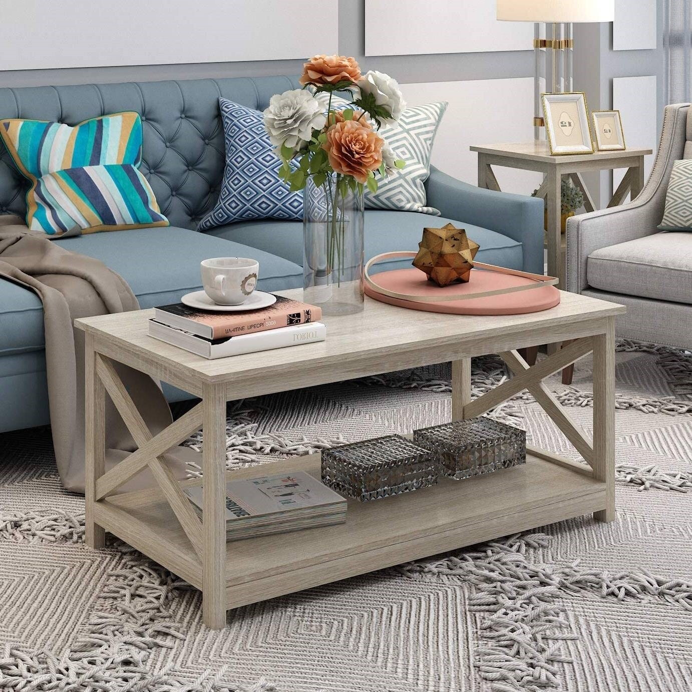 Contemporary Farmhouse Coffee Table in Rustic White Oak Wood Finish - 22