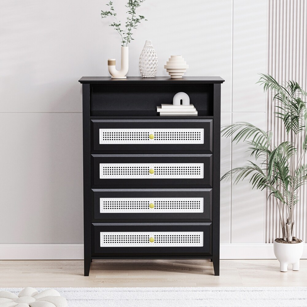 Chest of Drawers with Rattan Panels  4 Drawer Dresser with Gold Metal Handles  Great Storage Space for Living Rooms