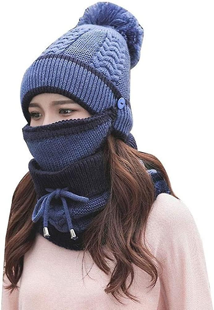 3pcs/set Fashion Women Winter Knitted Hat Thickened Woolen Cap With Warm Mask And Neck Scarf Navy Blue -