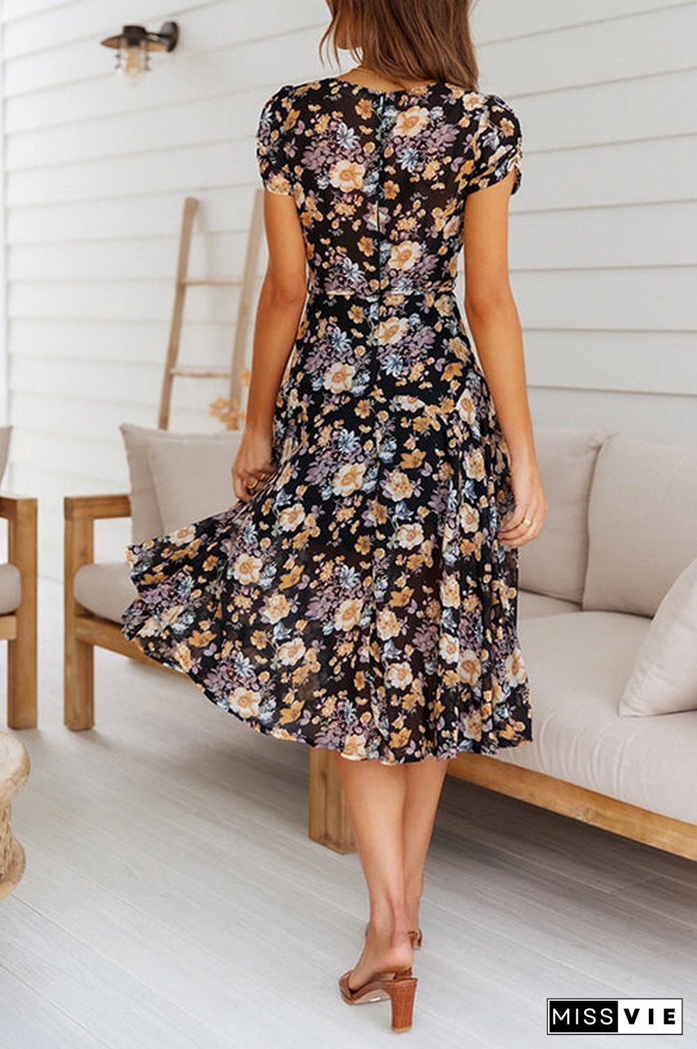 Floral Print V Neck Midi Dress