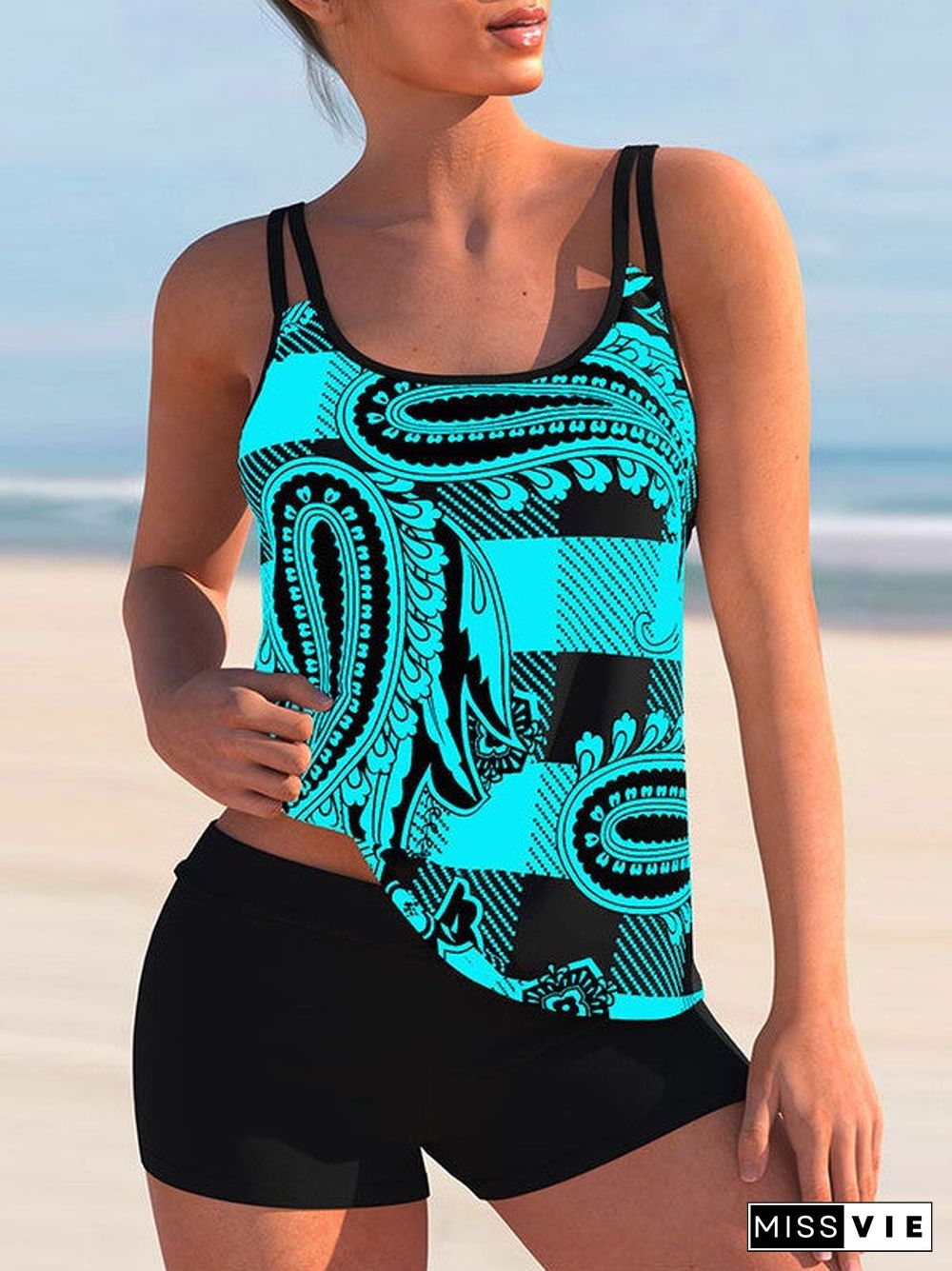 Plus Size Swimwear Sleeveless Bright Embroidery,Plaid Tankini