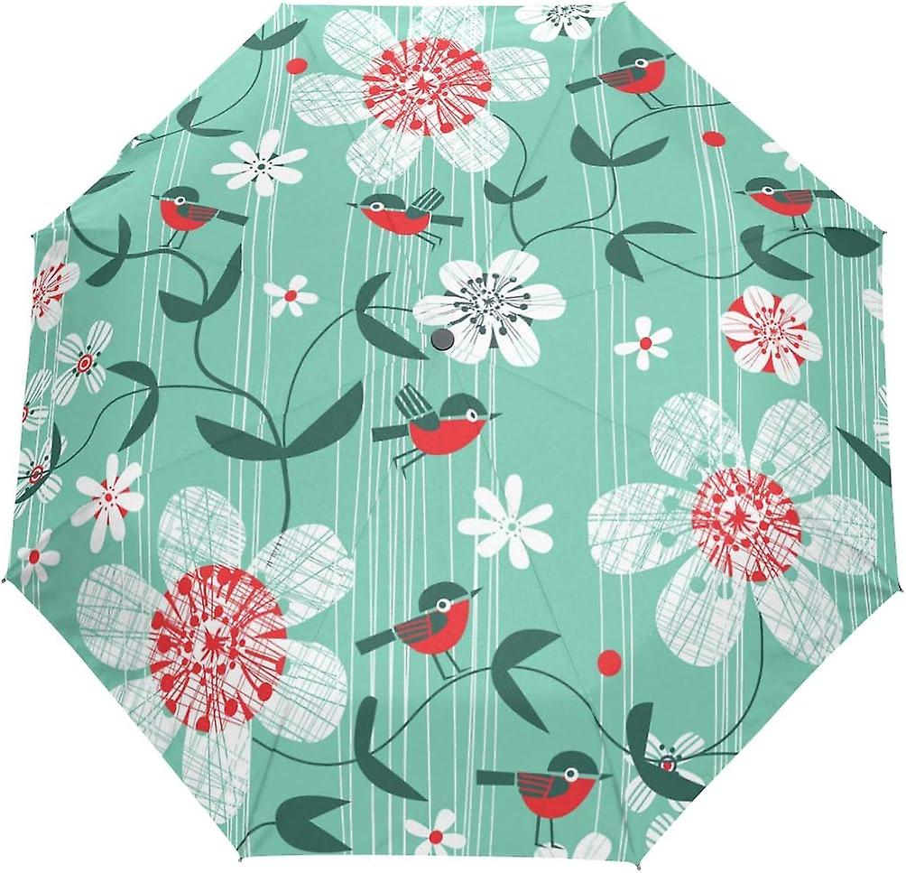 Travel Umbrella Automatic Windproof Foldable Umbrella Floral Pattern With Birds