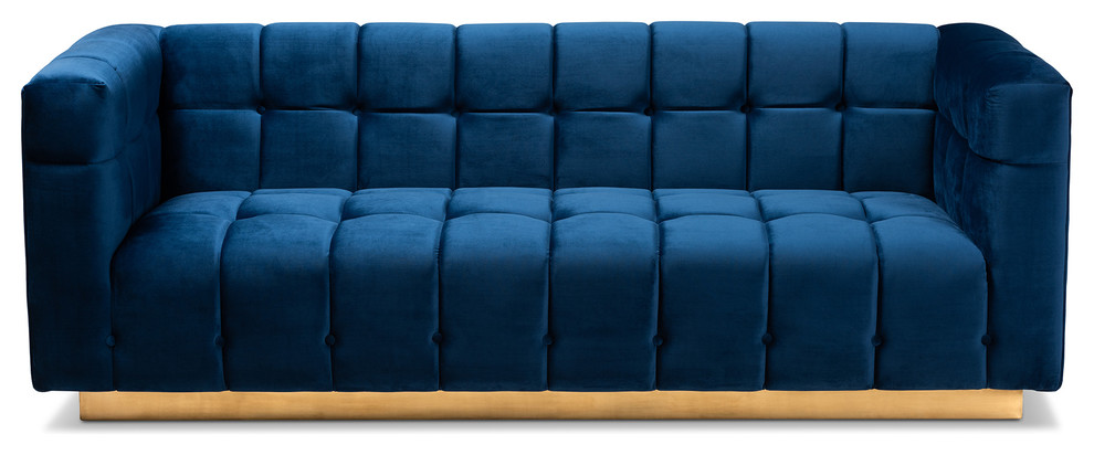 Joetta Glam and Luxe Navy Blue Velvet Fabric Upholstered Brushed Gold Sofa   Contemporary   Sofas   by Baxton Studio  Houzz