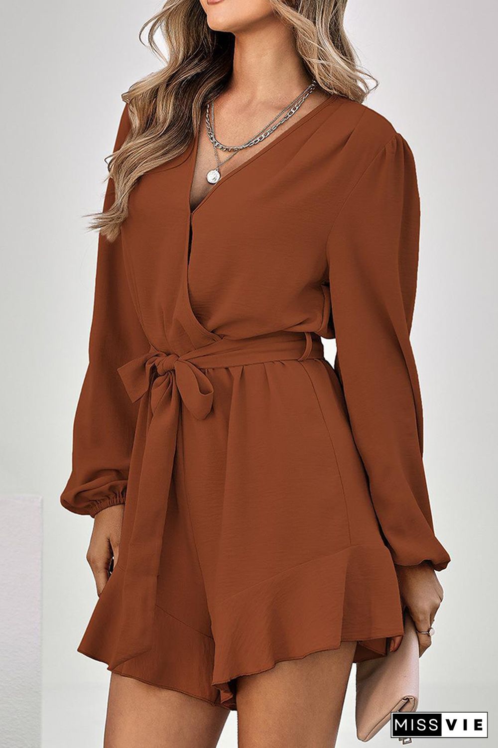 V Neck Long Sleeve Waist Tie Knot Jumpsuit