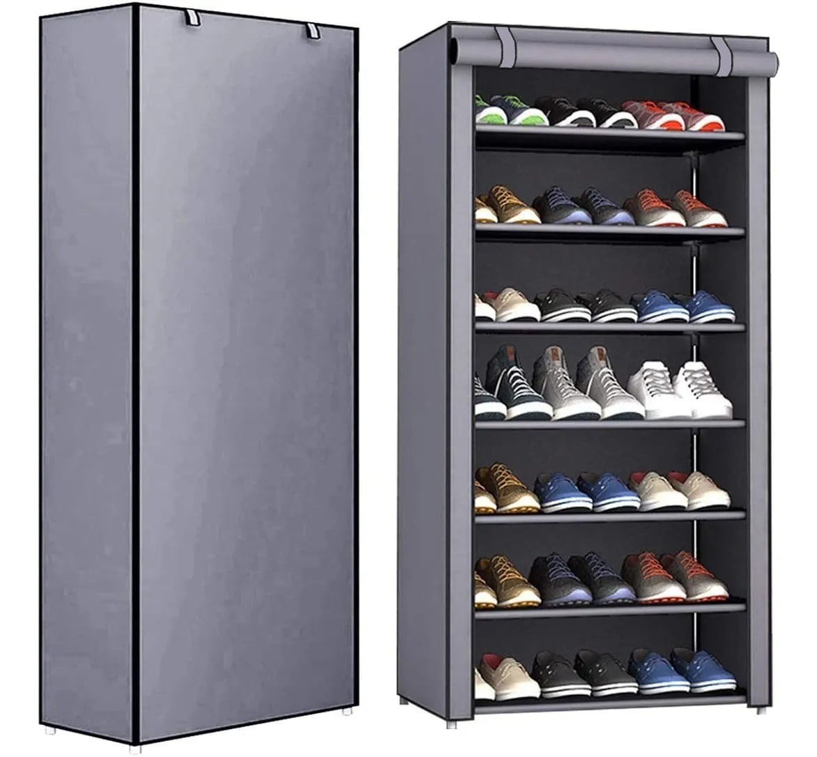 ACEUR 7-Tier 21 Pairs Portable Shoe Rack with Dustproof Cover Shoe Organizer Storage Stand， Expandable for Heels，Boots， Silver Grey