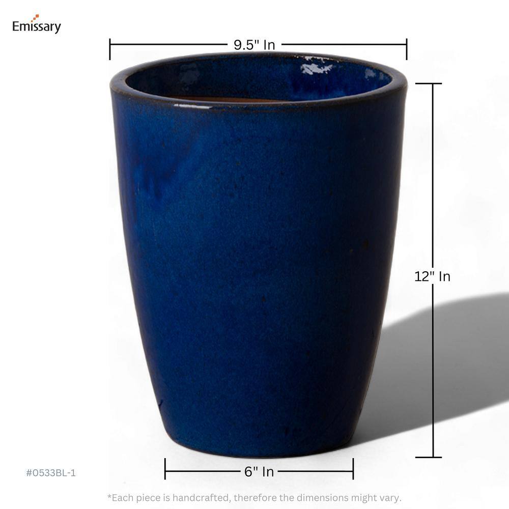 Emissary Bullet 9.5 in. D x 12 in. H Blue Ceramic Round Planter with Drainage Hole 0533BL-1