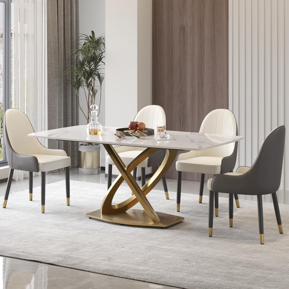 Contemporary Marble Dining Table with Gold Geometric Base