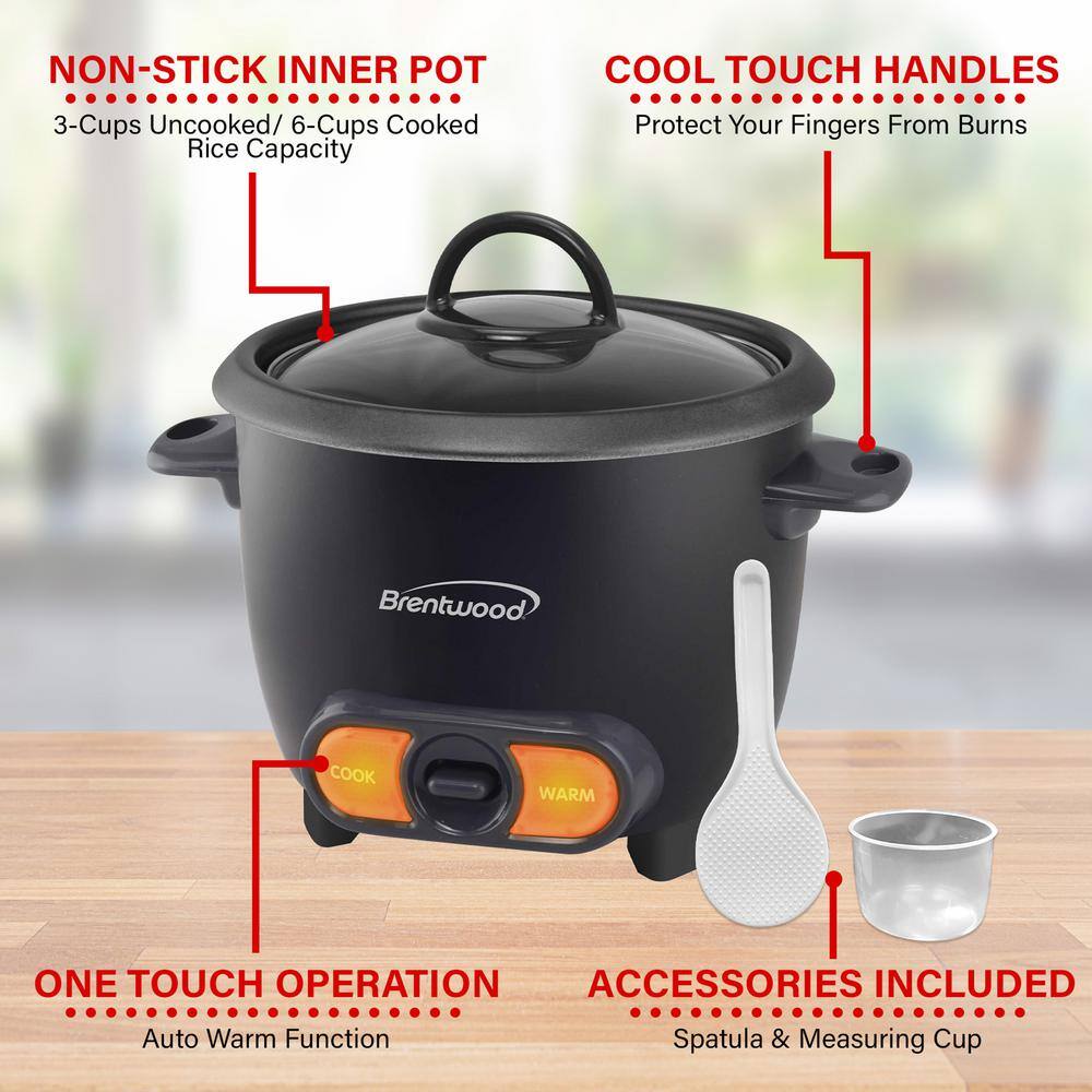 Brentwood 3-Cup Black Uncooked/6 Cup Cooked Non Stick Rice Cooker 985117026M