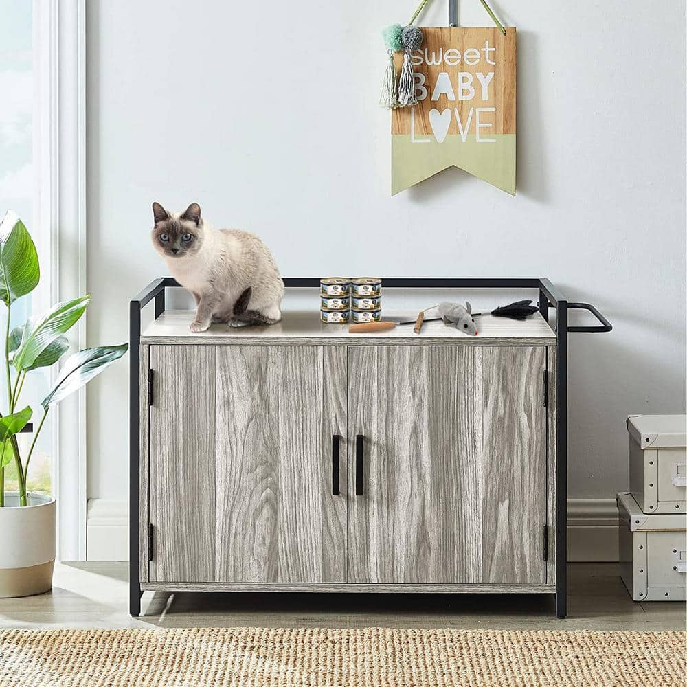 Tatayosi 33 in. L x 20 in. W x 22 in. H Cat Litter Box Furniture with Ventilation and Bench Seat, Grey J-H-W138557572