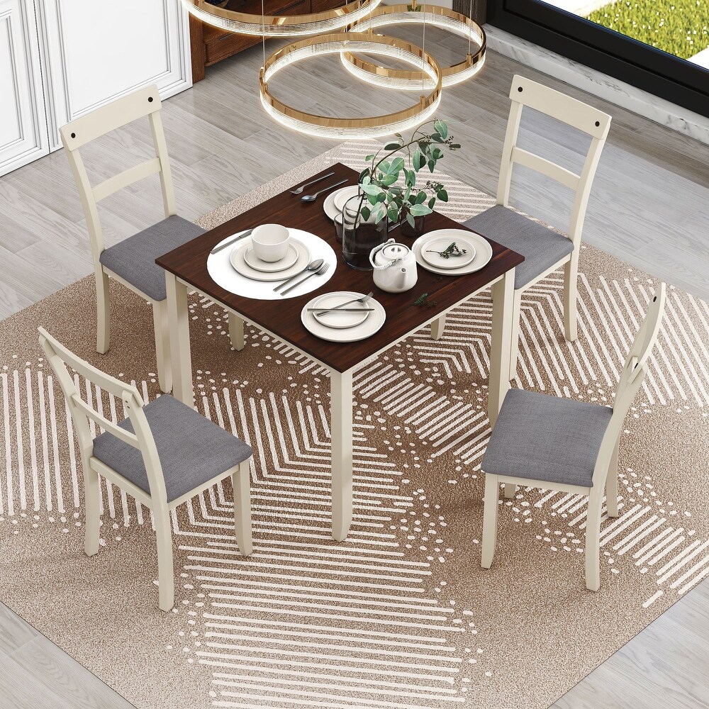 Square 5 Piece Fixed Wooden Dining Table Set with Upholstered Chairs